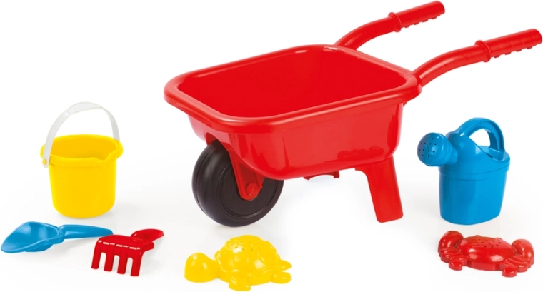 Brouette enfant en plastique rouge pour le sable avec set 7 pièces