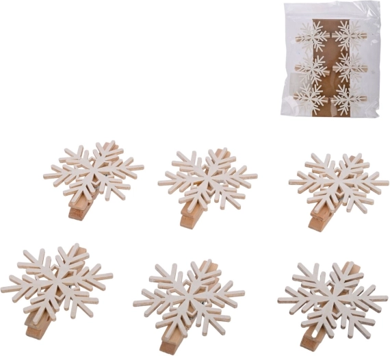 Pinces décoratives en bois avec flocon blanc (6 pcs)
