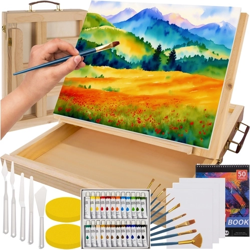 Maaleo – set de peinture dans une mallette en bois avec chevalet de table, 45 pièces