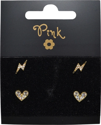 Set de boucles d’oreilles dorées avec cœur et éclair, 4 pcs
