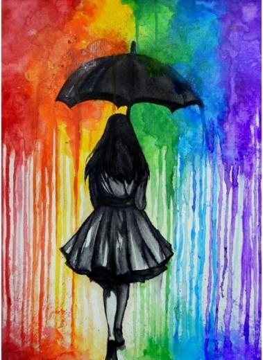 Peinture par numéros sur toile avec cadre 40 × 50 cm – personnage sous une pluie colorée