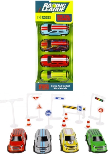 Voitures de course avec panneaux de signalisation