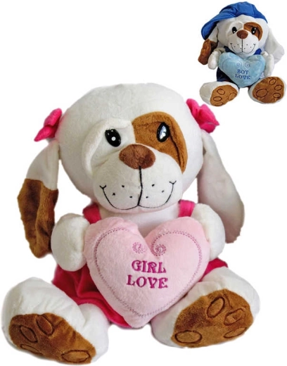 Chien en peluche en tenue Love 25 cm avec petit cœur - 1 pièce