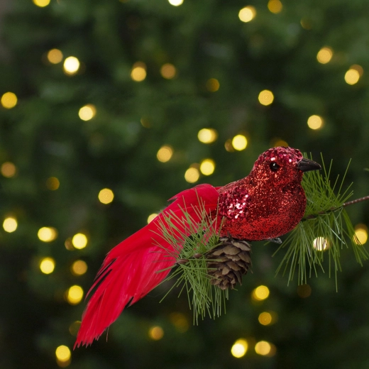 Décoration de Noël avec pince, oiseau rouge scintillant - 2 pièces