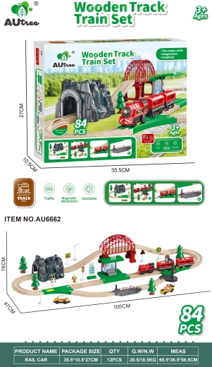 Circuit de train en bois avec locomotive et accessoires, 84 pièces