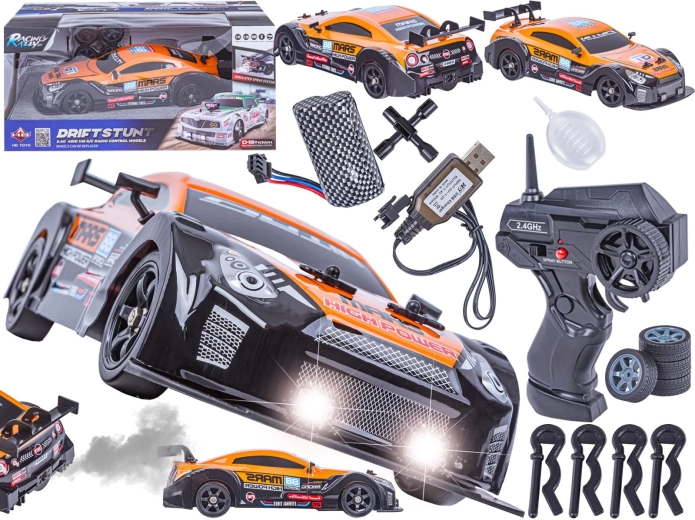 Voiture de drift télécommandée à vapeur d’eau 1:16 2,4 GHz 4WD avec LED, orange (inspirée de la Nissan GTR)