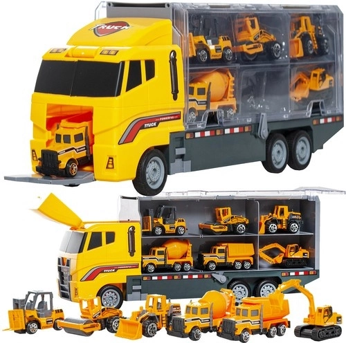 Ensemble de camion jouet avec plateau de remorquage et 6 véhicules de chantier
