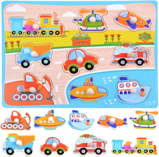 Puzzle en bois à encastrer – moyens de transport (9 pièces)
