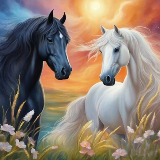 Peinture diamant – cheval blanc et noir 30 × 40 cm