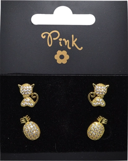 Set de boucles d’oreilles dorées – petit singe et ananas (4 pcs)