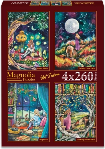 Coffret de puzzles Magnolia : Détente, Sur son propre chemin, Crépuscule et À la recherche du royaume des rêves – 4×260 pièces