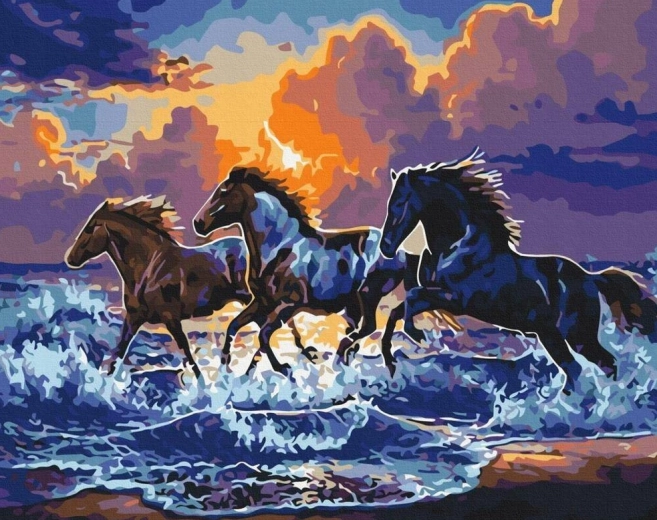 Peinture diamant – chevaux sauvages sur la plage 30 × 40 cm