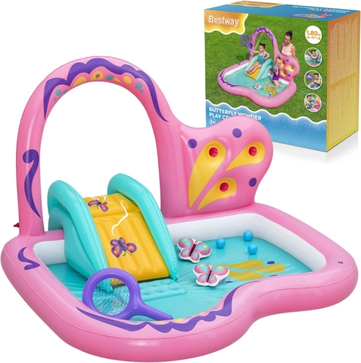 Bestway centre de jeu aquatique gonflable Papillon 180 × 180 × 117 cm avec toboggan et accessoires