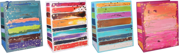 Sac cadeau M 26 × 32 × 10 cm – toutes saisons, rayures colorées et accents dorés