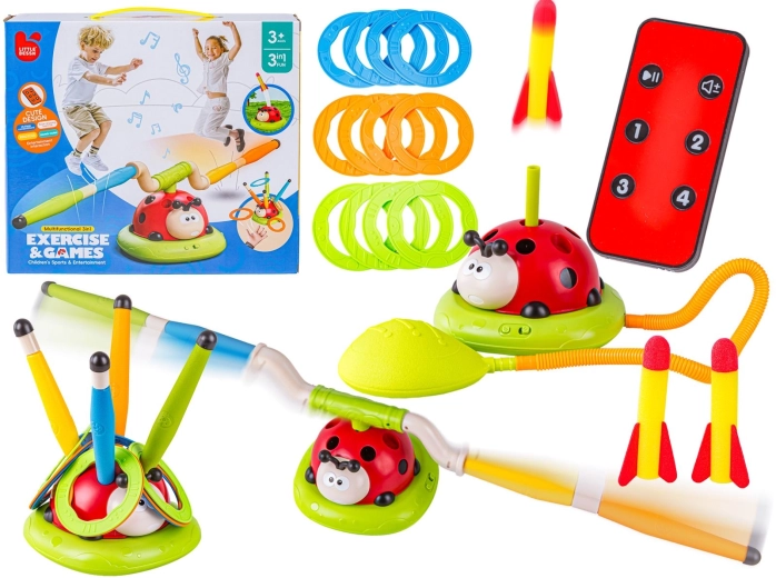 Jeu d’adresse pour enfants 3 en 1 coccinelle – lanceur de fusées, ringo et obstacle sauteur