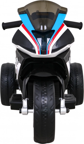 Moto électrique pour enfants BMW HP4, blanche, 3 roues, LED, MP3/USB, selle en éco‑cuir
