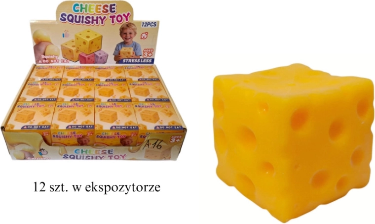 Balle antistress à presser en forme de fromage (cube 6 × 6 × 6 cm)