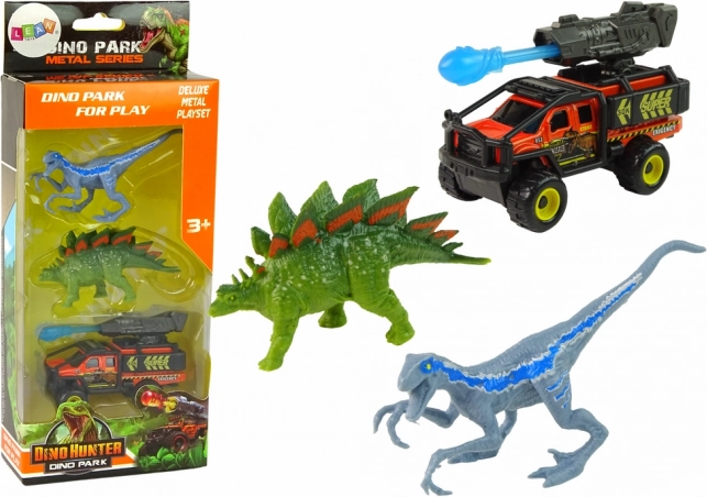 Ensemble de dinosaures avec voiture tout-terrain et lance-roquettes – bleu