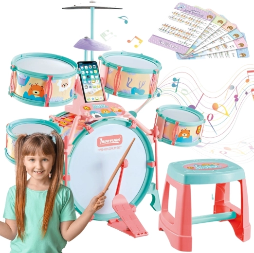 Ensemble de batterie pour enfants Woopie avec 5 tambours, une cymbale et un tabouret à motif animalier