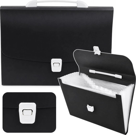 Serviette porte-documents noire extensible au format A4 avec 13 compartiments