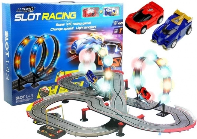 Set de circuit slot de course avec boucles LED 1:43, 2 voitures