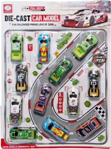 Ensemble de voitures de course métalliques avec accessoires (12 pcs)