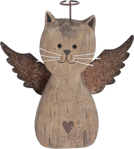 Chat décoratif ange en paulownia et métal, beige