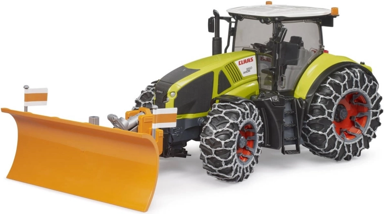 Tracteur Claas Axion 950 avec chaînes à neige et lame de déneigement Bruder