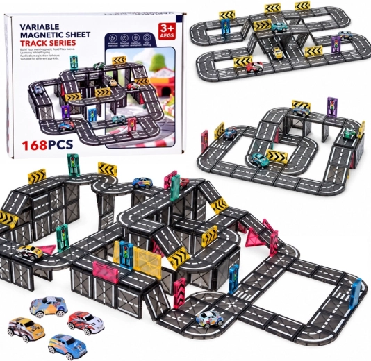 Circuit routier magnétique avec 168 pièces, 4 petites voitures et panneaux de signalisation