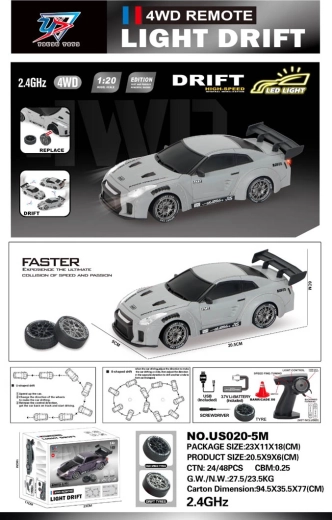 Voiture drift R/C 1:20 avec lumières grise - 1 pièce