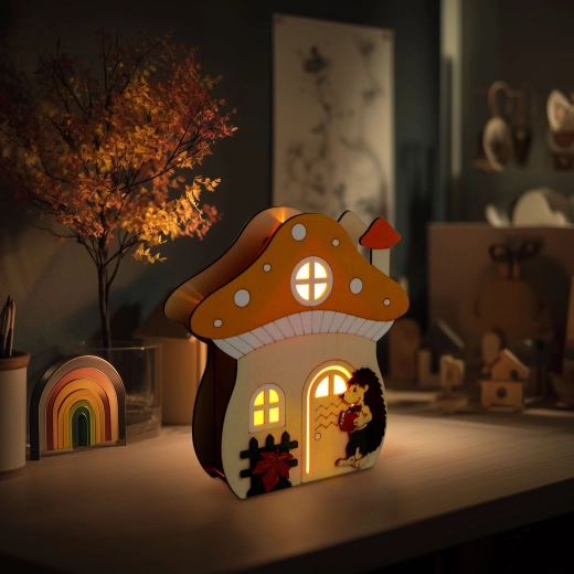 Décoration lumineuse en forme de champignon avec hérisson en bois