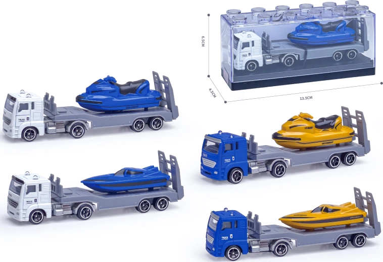 Camion en métal avec bateau à moteur 1:64 (plusieurs variantes)