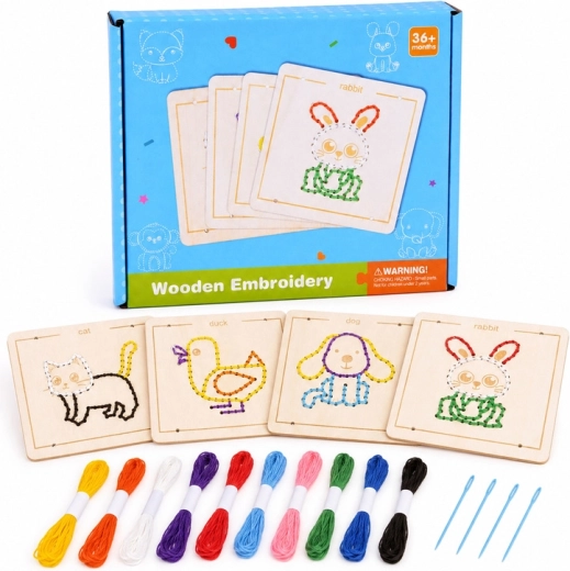 Lacets Montessori en bois pour enfants – set de 4 animaux avec fils de broderie