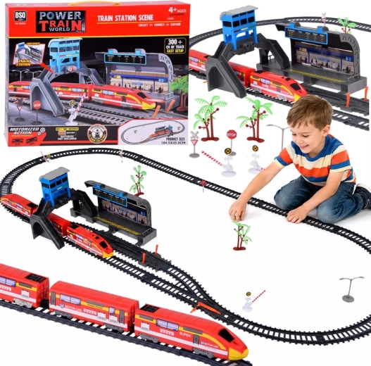 Circuit de train électrique pour enfants avec gare et rails 300 cm