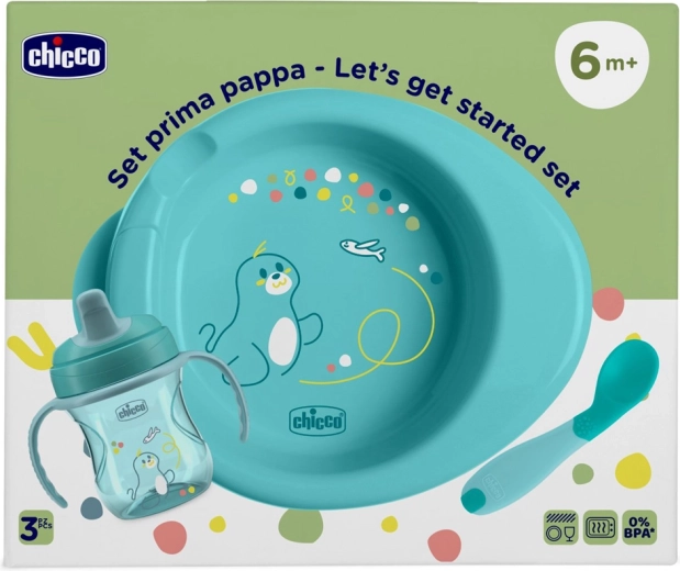 Chicco kit de démarrage pour l’alimentation – assiette, tasse d’apprentissage et cuillère inclinée bleue 6m+