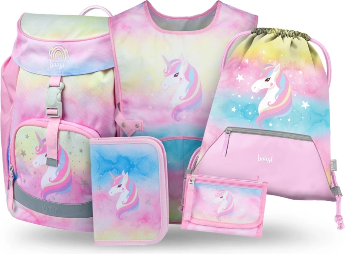 Baagl set 5 Airy Rainbow Unicorn – sac à dos scolaire, trousse, sac, tablier et porte‑monnaie