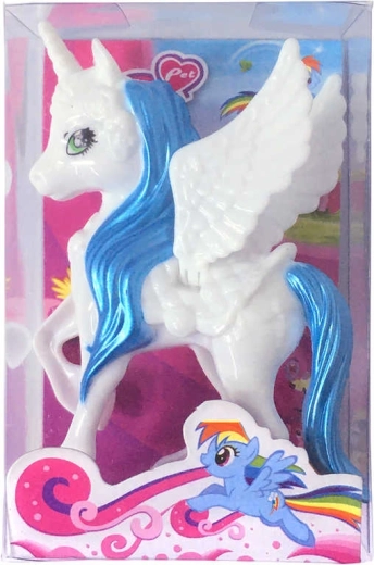 Licorne en plastique à ailes blanc-bleu 10 cm en boîte
