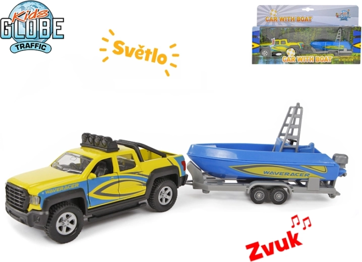 Kids Globe Traffic camion-remorque avec bateau 27 cm, modèle métal avec lumière et son