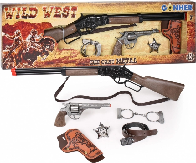 Set de cow-boy – fusil, revolver, menottes et étoile de shérif pour amorces