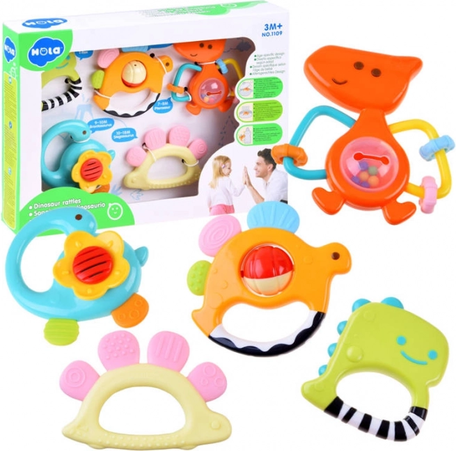 Ensemble de 5 hochets et anneaux de dentition Dinosaures