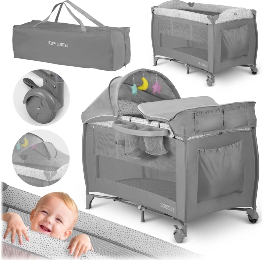 Lit parapluie de voyage avec matelas et sac de transport 125×65×78 cm, gris