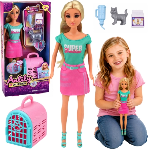 Poupée Anlily avec poussette et caisse de transport pour animal 30 cm