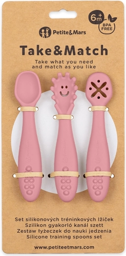 Petite&Mars cuillères d’apprentissage en silicone Take&Match dusty rose 3 pcs 6m+