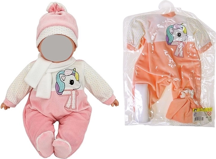 Tenue pour poupée 45 cm – combinaison rose avec licorne, bonnet et écharpe