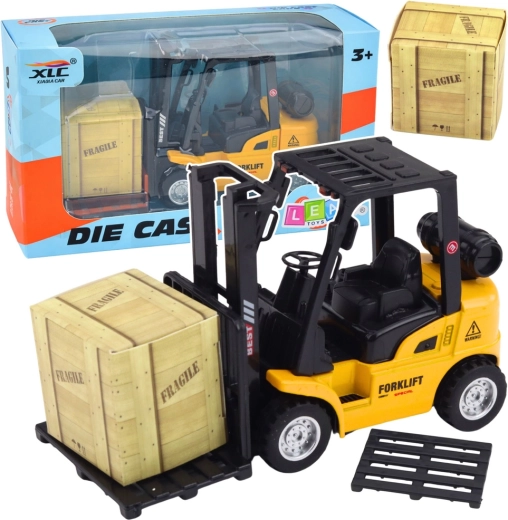 Chariot élévateur en métal à rétrofriction, palette et caisse – jaune