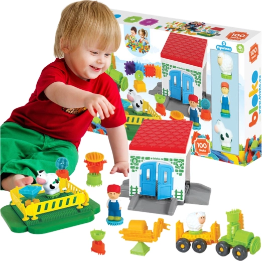 Mochtoys Blocs Pin Bricks Ferme en boîte 100 pcs + 3 figurines