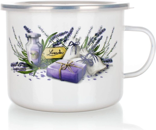 Mug émaillé Lavender 1,4 l avec couvercle en plastique, diamètre 14 cm