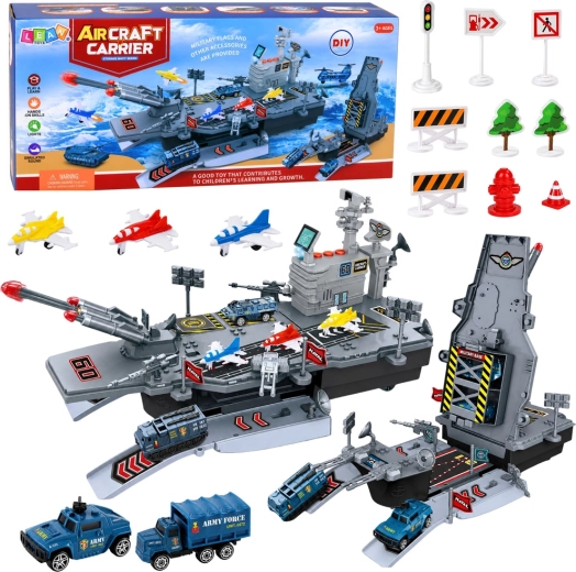 Porte-avions militaire 2-en-1 – base avec avions et véhicules avec sons