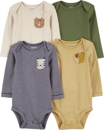 Bodies bébé à manches longues Navy/Olive Animal, 4 pcs, NB/56