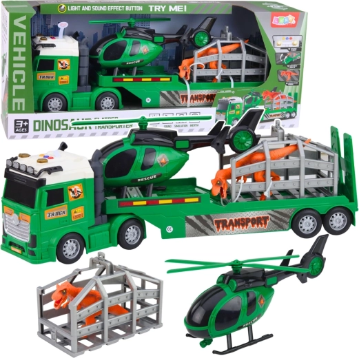 Set de transport pour enfants avec tracteur, hélicoptère et cage pour dinosaure avec lumières et sons